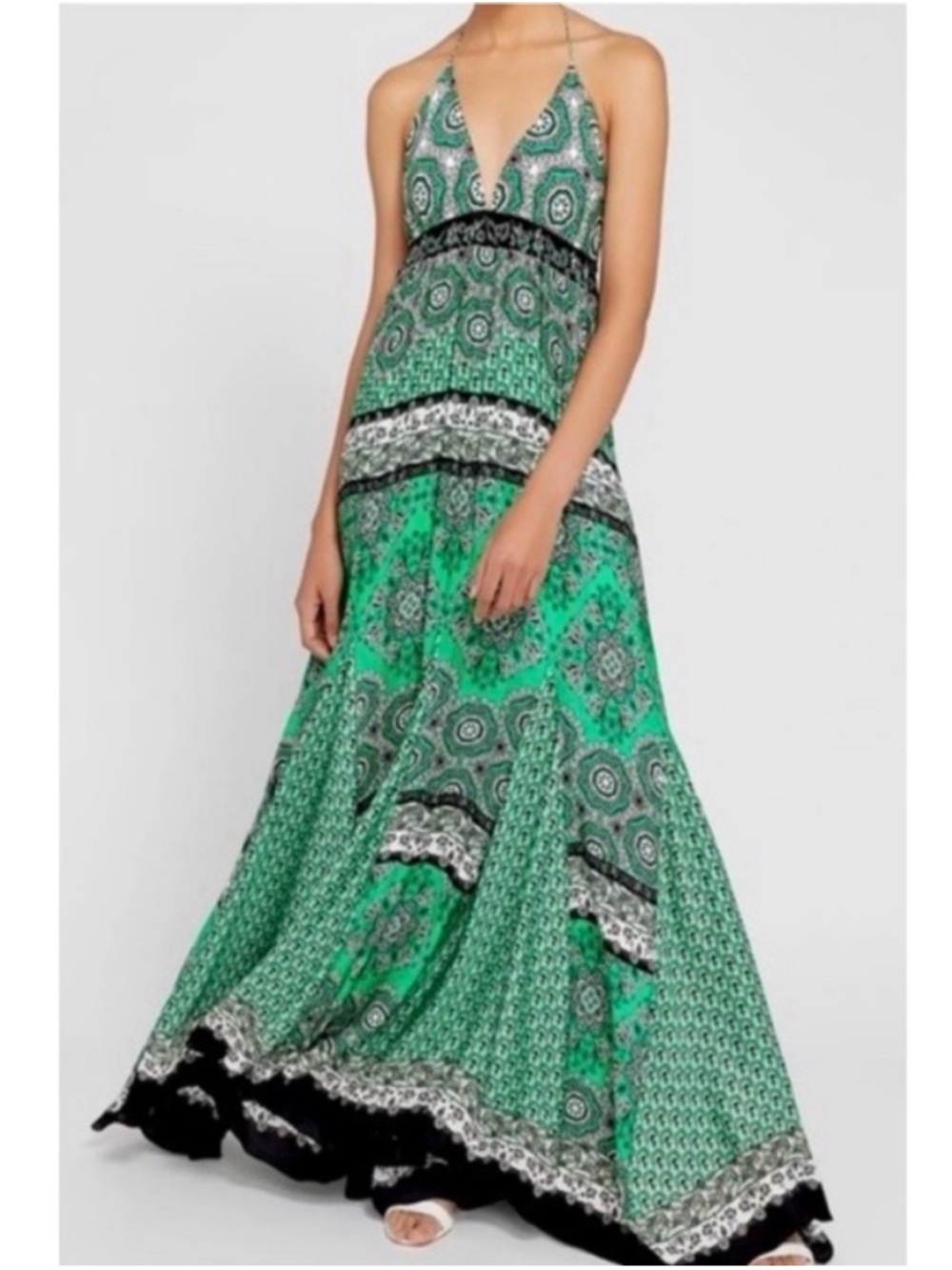 Alice & Olivia Alette Halter Maxi Dress Green‎ New Size 12 NWT Bandana Print